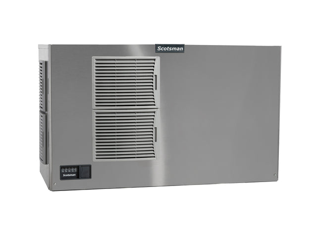 A commercial Scotsman air-cooled ice machine in stainless steel, featuring two horizontal vents on the left side and a small control panel with buttons at the bottom left. The sleek unit boasts clean edges and a prominent Scotsman logo on the upper vent.