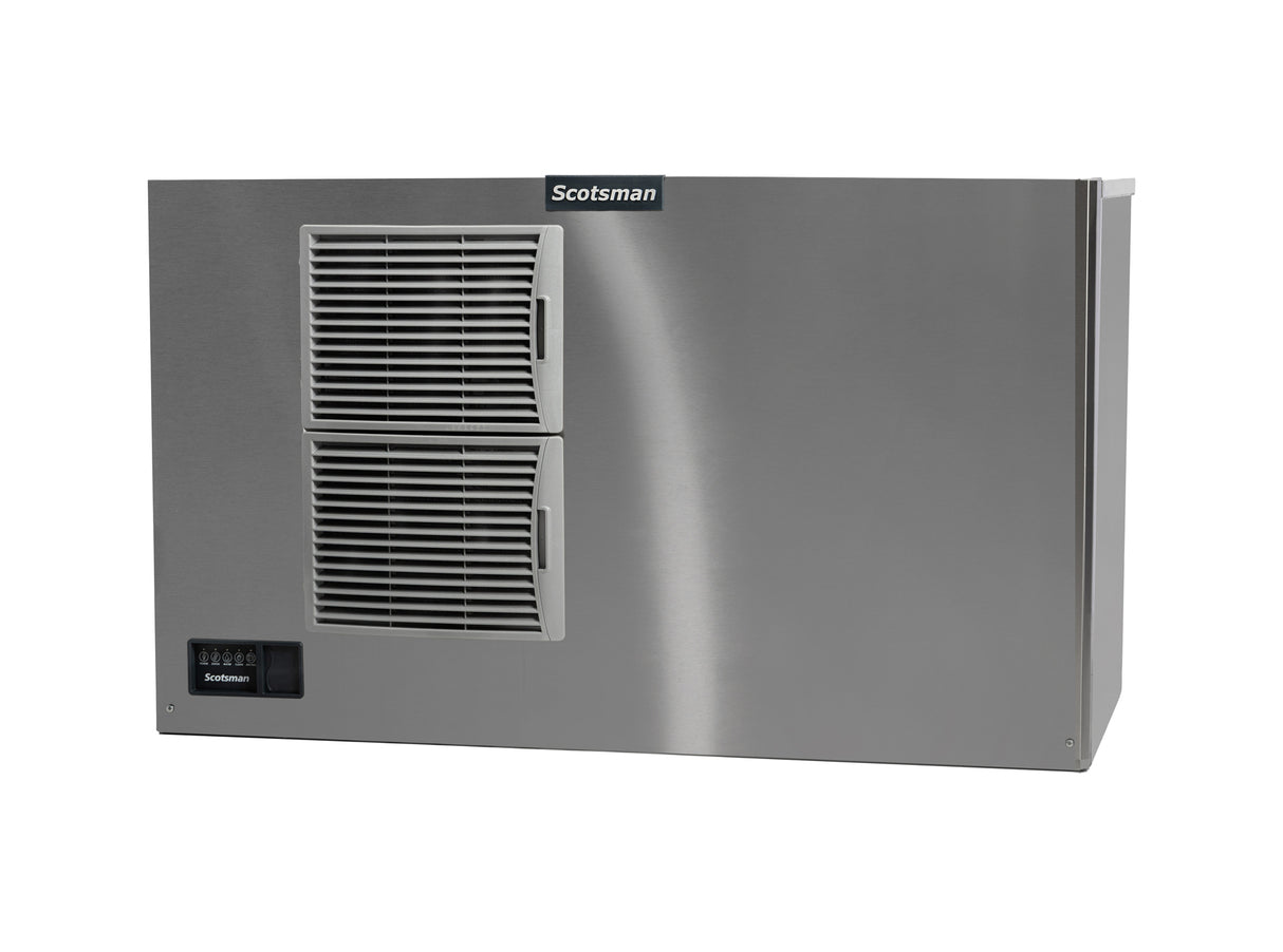 A commercial Scotsman air-cooled ice machine with a sleek stainless steel exterior, featuring two large horizontal vents on the left side and a small digital control panel beneath them. The brand logo Scotsman is visible at the top center. The background is plain white.