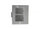 A metallic gray rectangular appliance in cube style, possibly an ice maker or ventilation system, with two horizontal vent grilles stacked vertically on its front panel; photographed against a plain white background.