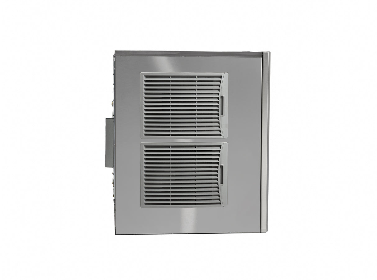 A rectangular metal cabinet, cube style, with two square, slatted ventilation grilles on its front panel. The light gray Prodigy ELITE ice maker is photographed from the side, showing latch and handle details against a plain white background.