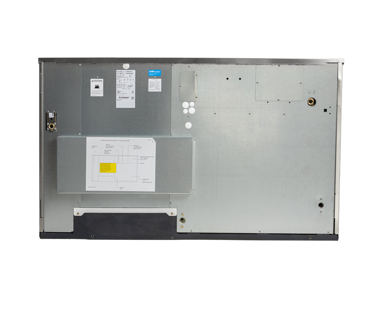 The image shows the back panel of a large, rectangular metallic appliance, likely a Prodigy ELITE Ice Maker. Various stickers, labels, and a wiring diagram are attached, and several screws and cut-out sections are visible on the metal surface.