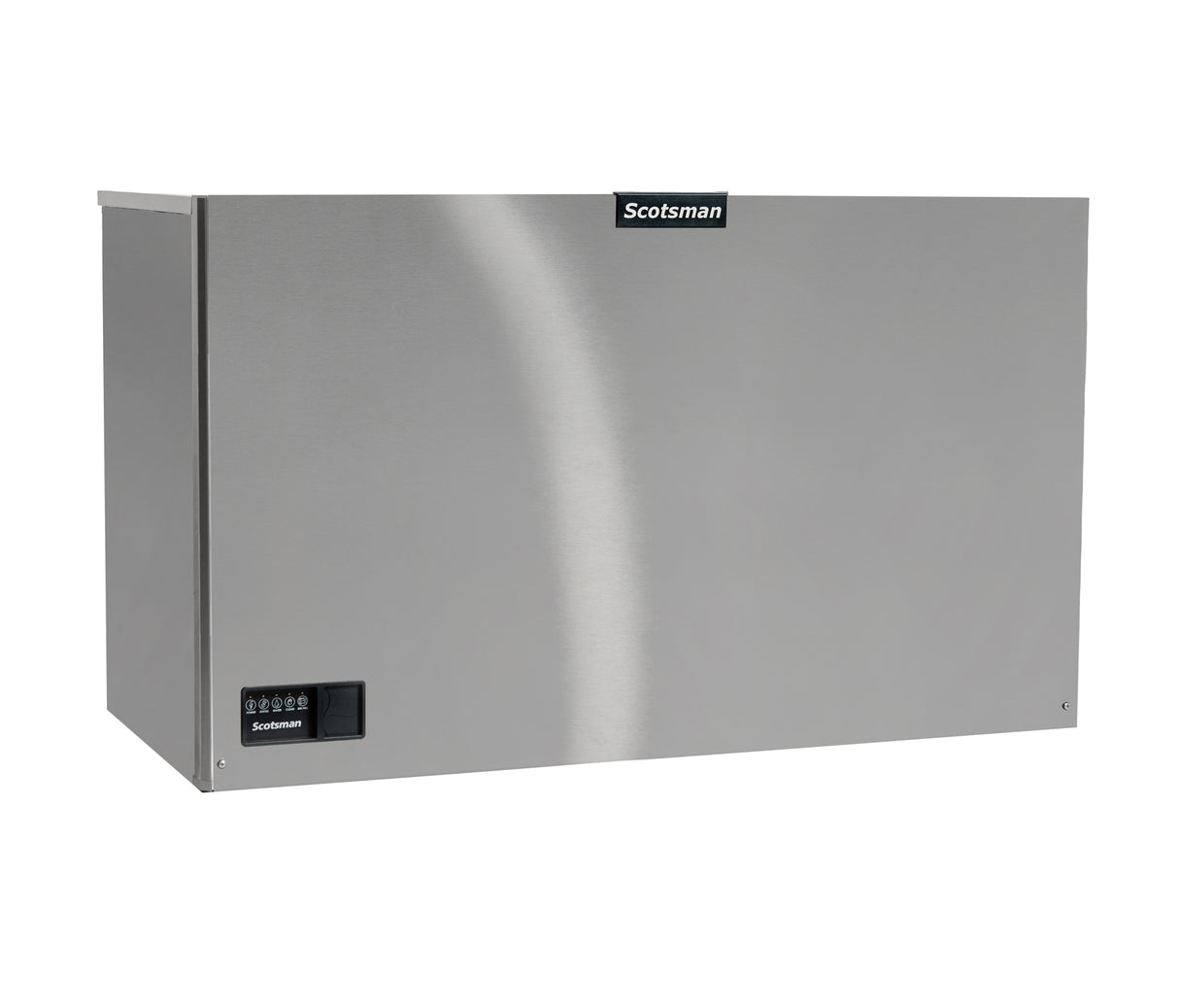 A stainless steel Scotsman Prodigy ELITE Ice Maker with a rectangular shape features a smooth, subtle brushed finish. The Scotsman logo is centered at the top, with a small digital display panel on the lower left front corner.