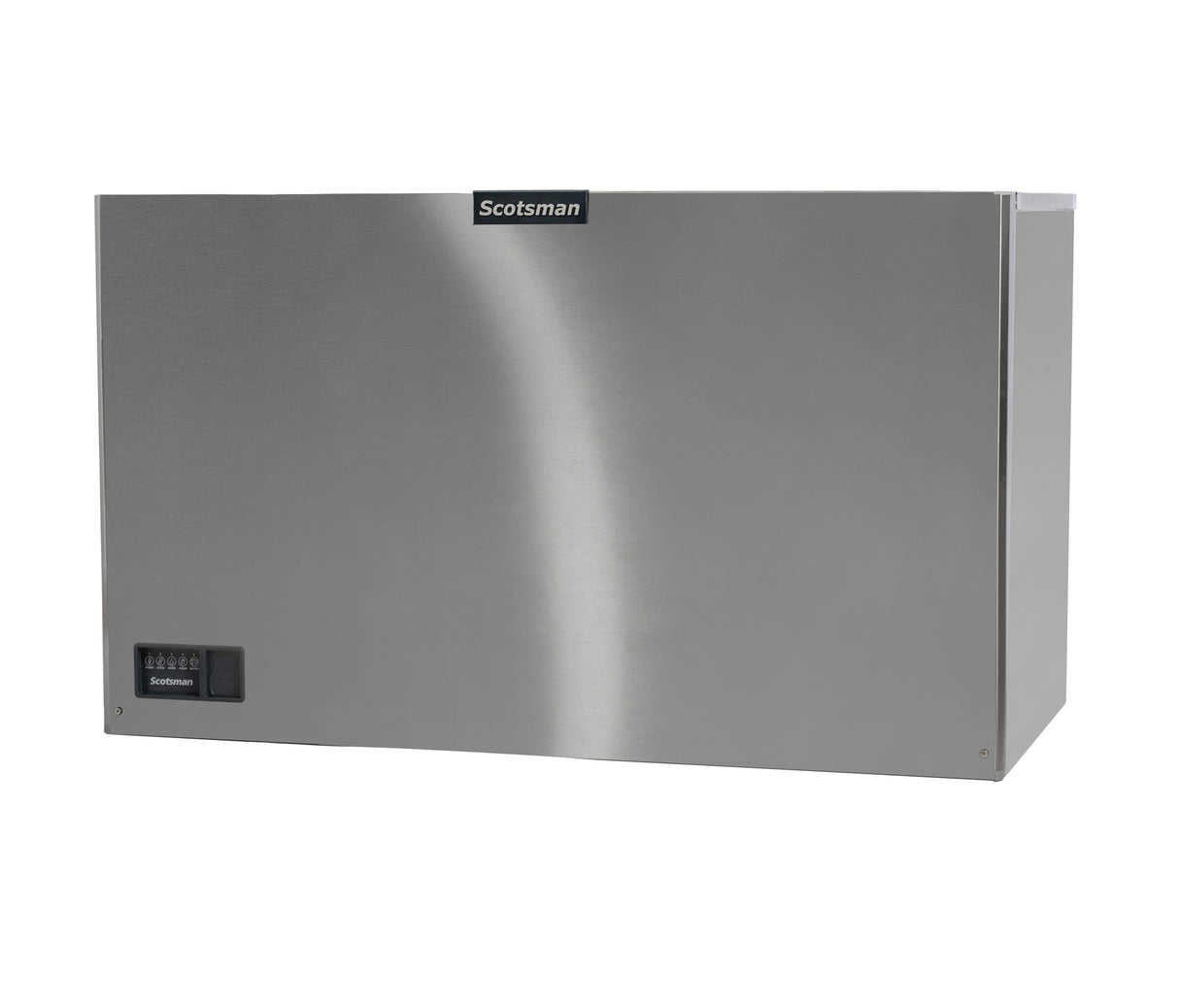 A stainless steel Scotsman Prodigy ELITE ice maker with a rectangular shape, flat front panel, and black Scotsman logo at the top center. The unit features a small cube ice option and boasts a sleek, industrial design.