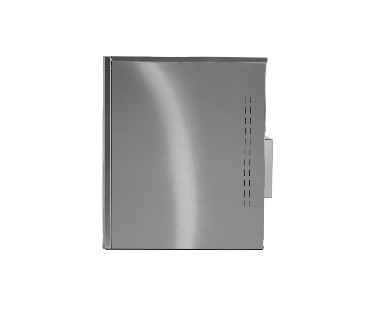 A stainless steel rectangular appliance, shown from the side against a white background. The side panel is smooth with a slight curved reflection and a vertical row of small ventilation slits near the back edge, typical of a commercial ice machine.