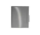 A stainless steel rectangular appliance, shown from the side against a white background. The side panel is smooth with a slight curved reflection and a vertical row of small ventilation slits near the back edge, typical of a commercial ice machine.