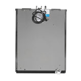 A metallic appliance is shown from the back, featuring a smooth stainless steel panel, ice maker Prodigy ELITE® branding, a black power cord coiled and attached at the top, two water inlet connections, an energy label, and a white drainage hose at the bottom right corner.