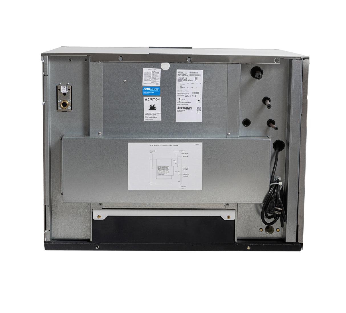 Back view of a Prodigy ELITE metallic microwave oven showing the power cord, installation labels, technical information stickers, ventilation holes, and a silver metal cover. Surface is plain with visible screws and a wiring diagram attached at the center.