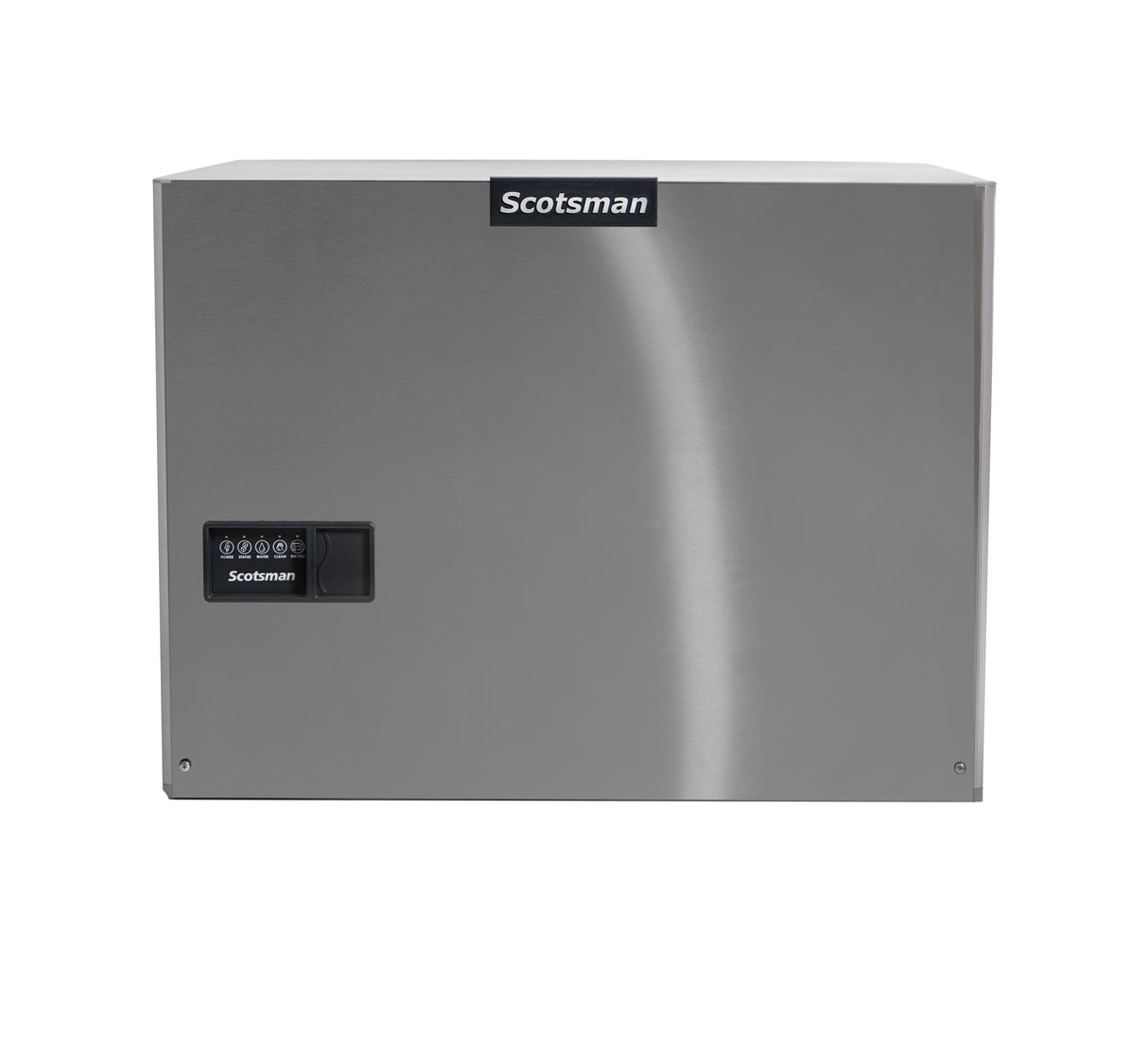 A stainless steel Prodigy ELITE Eclipse Ice Maker with a black control panel and indicator lights on the lower left. The Scotsman logo is centered near the top. The flat, minimalist front features a slight reflection on the metal surface.