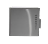 A side view of a stainless steel rectangular appliance, likely a commercial ice maker or cube ice machine, with a smooth metallic finish and vertical ventilation slits. The plain white background highlights its modern, minimalistic design.