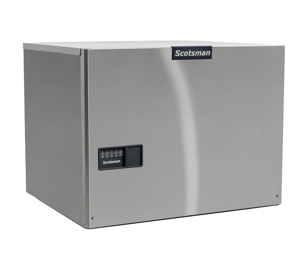 A stainless steel Prodigy ELITE Eclipse Ice Maker with a rectangular shape. The front panel features a small black control panel and the Scotsman logo. This high capacity ice machine has a smooth, reflective surface for modern commercial spaces.