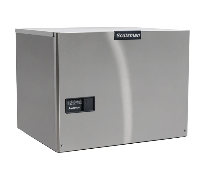 A stainless steel Prodigy ELITE Eclipse Ice Maker with a rectangular shape. The front panel features a small black control panel and the Scotsman logo. This high capacity ice machine has a smooth, reflective surface for modern commercial spaces.