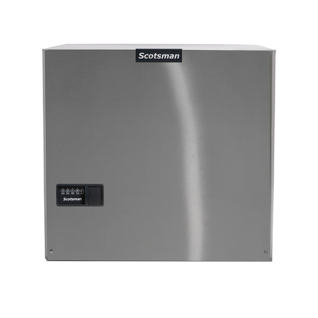 A stainless steel Scotsman Prodigy ELITE® Eclipse® Ice Maker with a rectangular front view, control panel and logo on the left, and a smooth brushed finish. This high production ice maker features simple industrial design and visible bottom screws.
