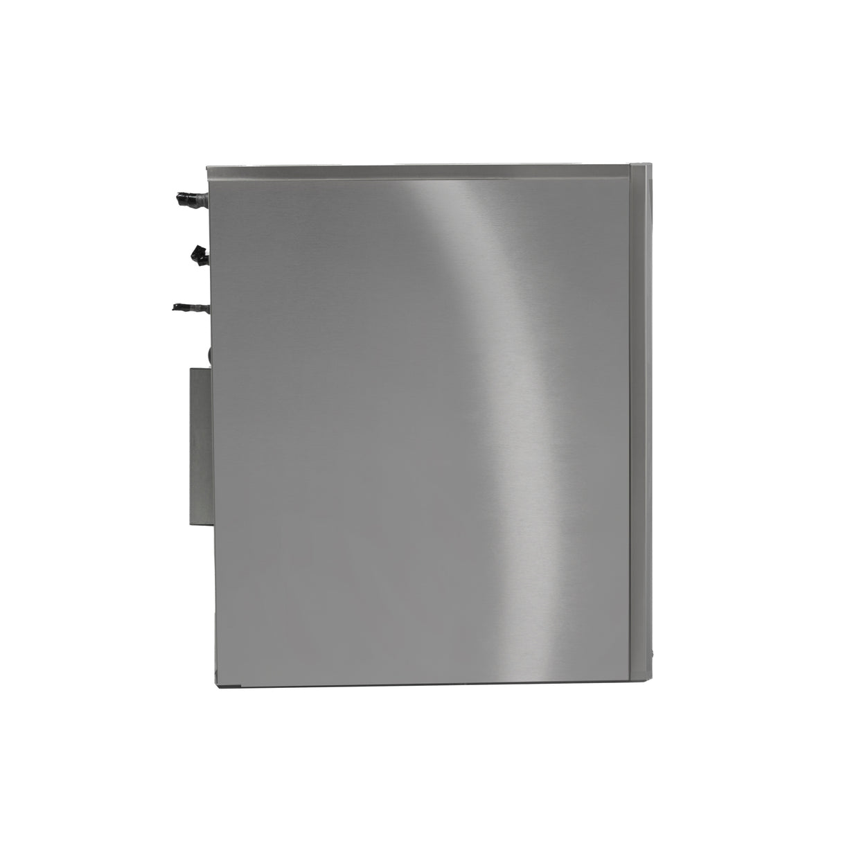 A stainless steel Prodigy ELITE® Eclipse® Ice Maker, viewed from the side, features a smooth metallic surface. Several black cables or tubes protrude from the top left corner, and a rectangular panel extends from the left side. The background is plain white.