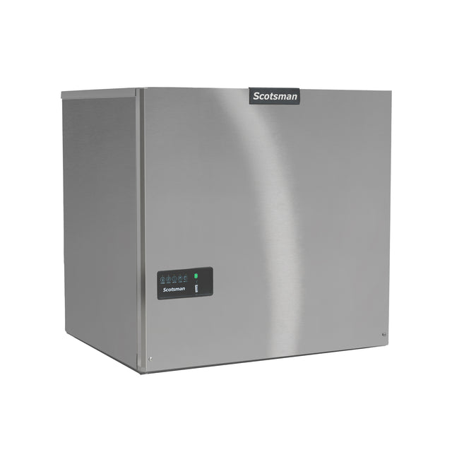A silver, box-shaped Scotsman Prodigy ELITE® commercial ice maker with a smooth stainless steel finish. The front displays the Scotsman logo and a small control panel with indicator lights. Perfect as a high production ice machine for any business.