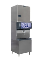 A large Prodigy ELITE® Eclipse® Ice Maker with a stainless steel exterior, digital display, dispenser lever, and ICE printed above an image of ice cubes. This high production ice maker features Bluetooth® connectivity and a modern, industrial design.