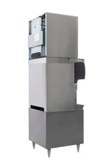 A high production ice maker with a silver stainless steel body stands on four short legs. The boxy Prodigy ELITE® Eclipse® Ice Maker features visible vents, a black dispenser area, and control labels at the top front. The background is plain white.