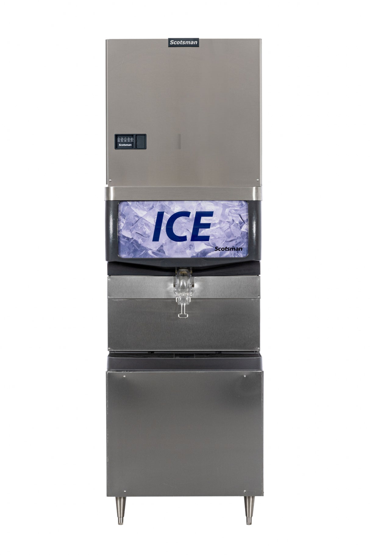 A commercial Scotsman Prodigy ELITE® Eclipse® Ice Maker with a stainless steel finish, digital display, and a front panel showing ice cubes and ICE in blue. This high production ice maker features a dispenser lever and stands on four metal legs.