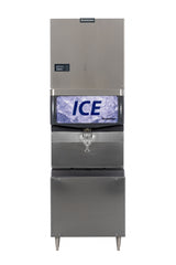 A commercial Scotsman Prodigy ELITE® Eclipse® Ice Maker with a stainless steel finish, digital display, and a front panel showing ice cubes and ICE in blue. This high production ice maker features a dispenser lever and stands on four metal legs.