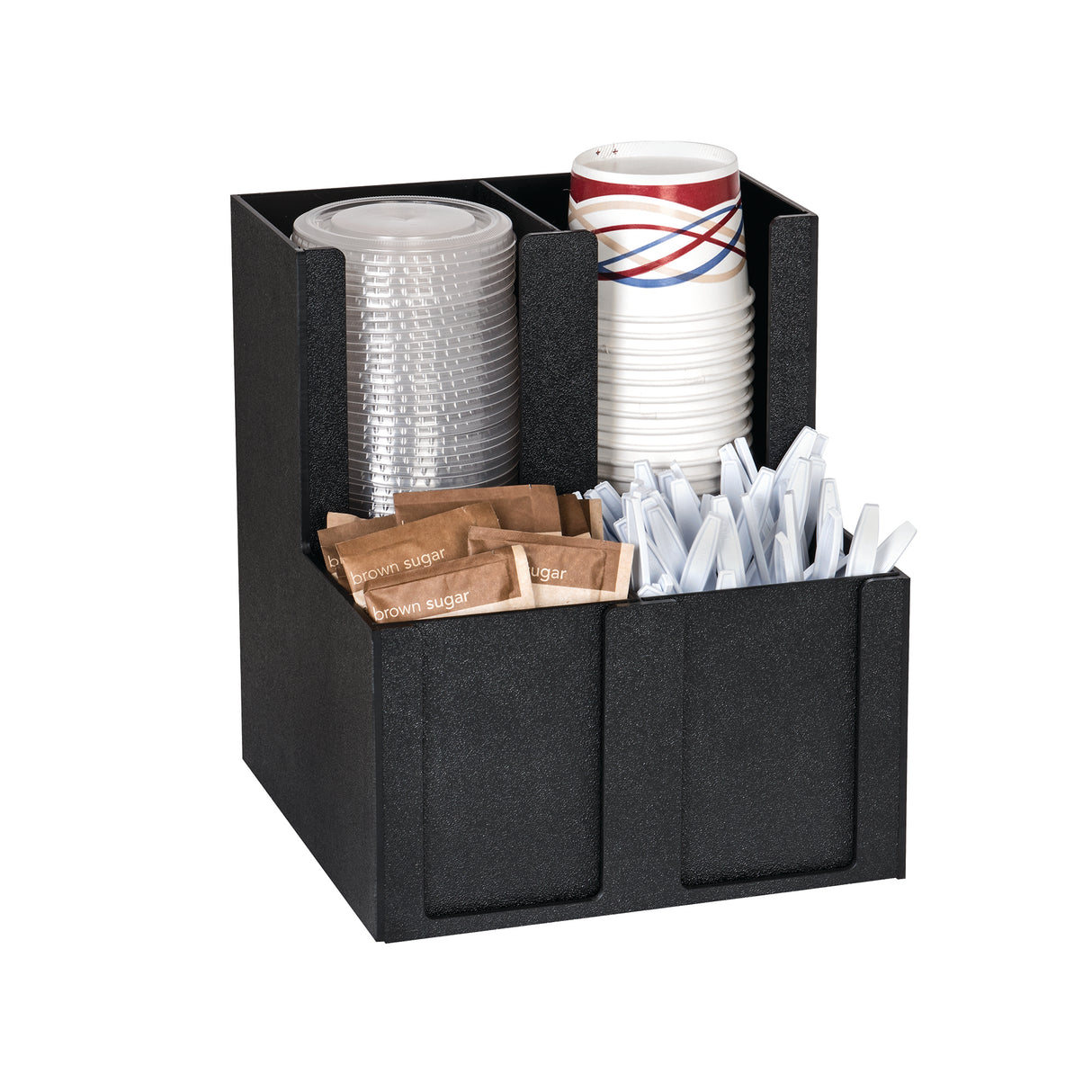 A black cup organizer with a textured finish holds clear plastic cups, striped paper cups, brown sugar packets, white stirrers, and cutlery—each sorted into its own compartment. This countertop condiment organizer keeps everything neat and accessible.
