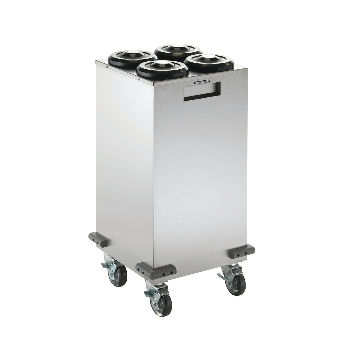 A stainless steel, rectangular Mobile Cup Dispensing Cart with four circular openings for dishware or NSF cup dispensers. It features four caster wheels (two locking) and a front handle cutout for easy maneuvering. The background is plain white.