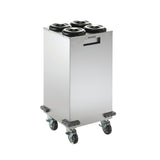 A stainless steel, rectangular Mobile Cup Dispensing Cart with four circular openings for dishware or NSF cup dispensers. It features four caster wheels (two locking) and a front handle cutout for easy maneuvering. The background is plain white.