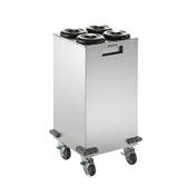 A stainless steel, rectangular Mobile Cup Dispensing Cart with four circular openings for dishware or NSF cup dispensers. It features four caster wheels (two locking) and a front handle cutout for easy maneuvering. The background is plain white.