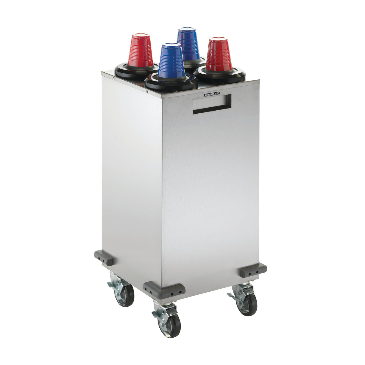 A Mobile Cup Dispensing Cart with NSF cup dispensers holds four stacks of plastic cups—two red and two blue—protruding from black circular openings on top, with stainless steel construction and four caster wheels, set against a white background.