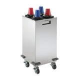 A Mobile Cup Dispensing Cart with NSF cup dispensers holds four stacks of plastic cups—two red and two blue—protruding from black circular openings on top, with stainless steel construction and four caster wheels, set against a white background.