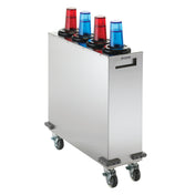 A stainless steel Mobile Cup Dispensing Cart with four wheels and side handles holds four plastic cups—two red and two blue—upright in NSF cup dispensers on top. Rectangular and functional, it’s ideal for transporting items in commercial or industrial settings.