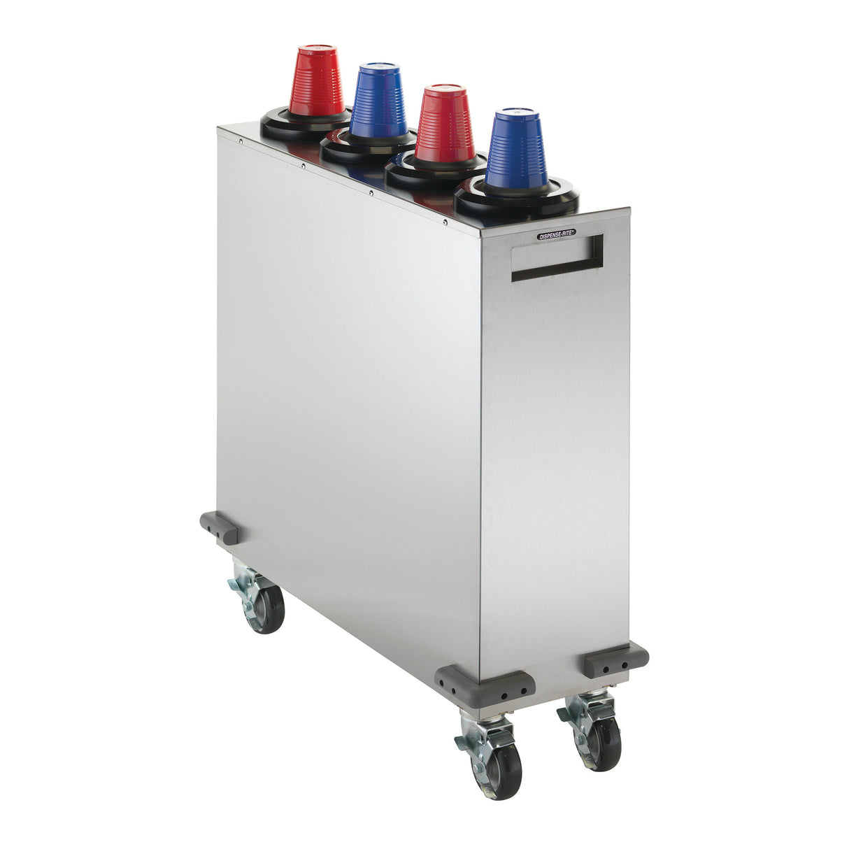 A stainless steel Mobile Cup Dispensing Cart with four cup dispensers on top, each holding stacks of red and blue plastic cups. Equipped with caster wheels and a rectangular handle slot, this NSF cup dispenser is set against a plain white background.