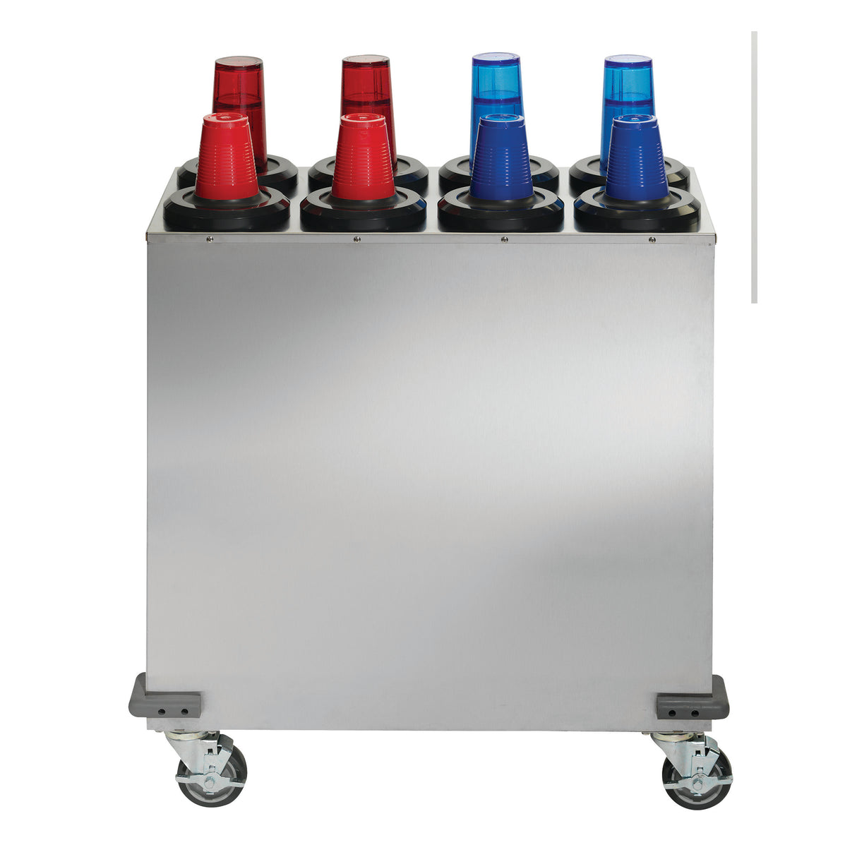 A stainless steel Mobile Cup Dispensing Cart with six NSF Cup Dispensers on top, each holding stacks of red or blue plastic cups. The cart features four casters for easy mobility and is shown against a white background.