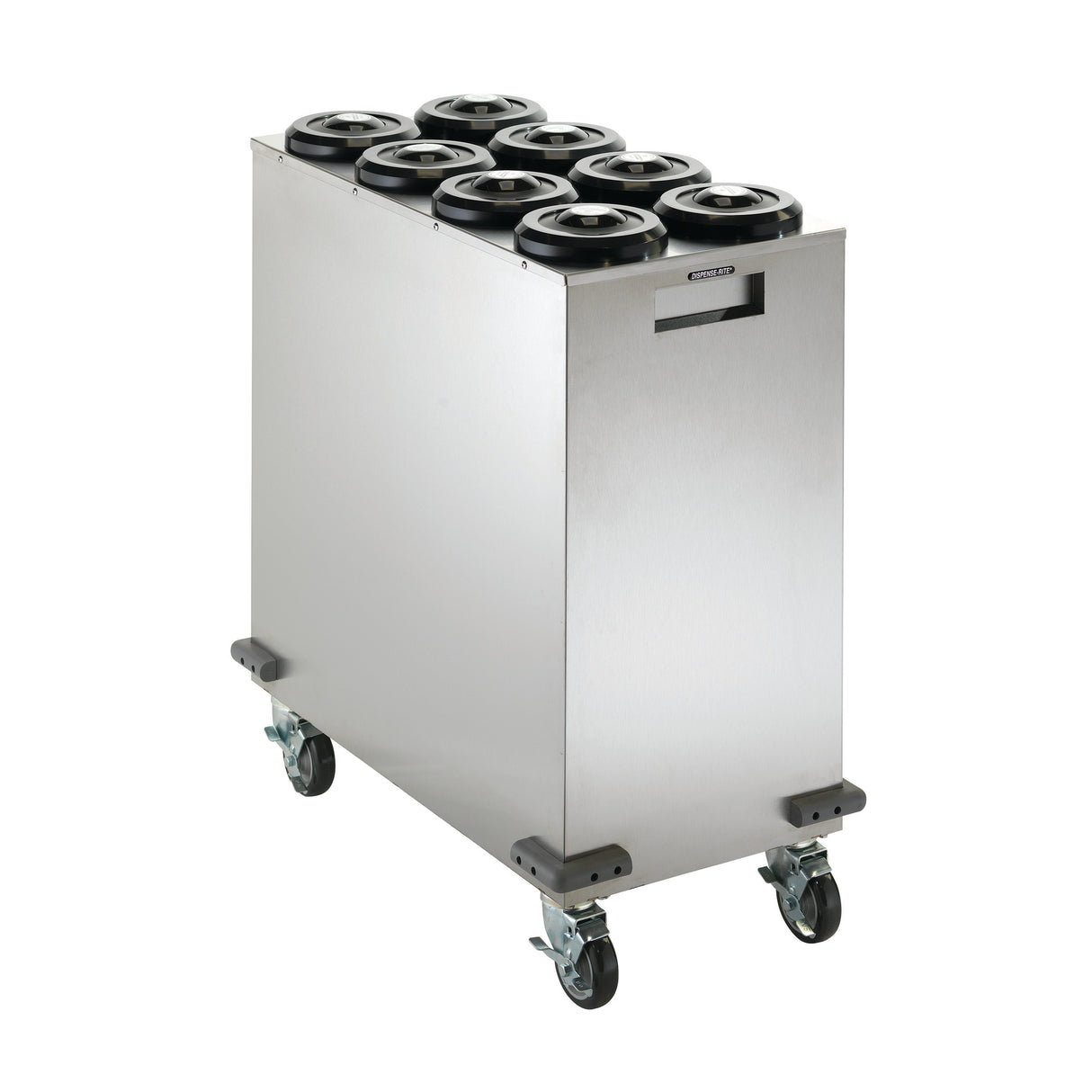 A stainless steel mobile dish dispenser with six round openings for plates, mounted on four caster wheels with brakes and a side handle cutout; also compatible with NSF Cup Dispensers, perfect for commercial kitchen or catering use.