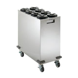 A stainless steel mobile dish dispenser with six round openings for plates, mounted on four caster wheels with brakes and a side handle cutout; also compatible with NSF Cup Dispensers, perfect for commercial kitchen or catering use.