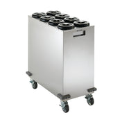 A stainless steel mobile dish dispenser with six round openings for plates, mounted on four caster wheels with brakes and a side handle cutout; also compatible with NSF Cup Dispensers, perfect for commercial kitchen or catering use.