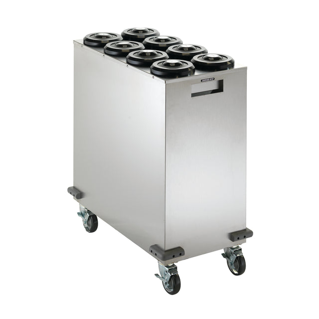 A stainless steel mobile dish dispenser with six round openings for plates, mounted on four caster wheels with brakes and a side handle cutout; also compatible with NSF Cup Dispensers, perfect for commercial kitchen or catering use.