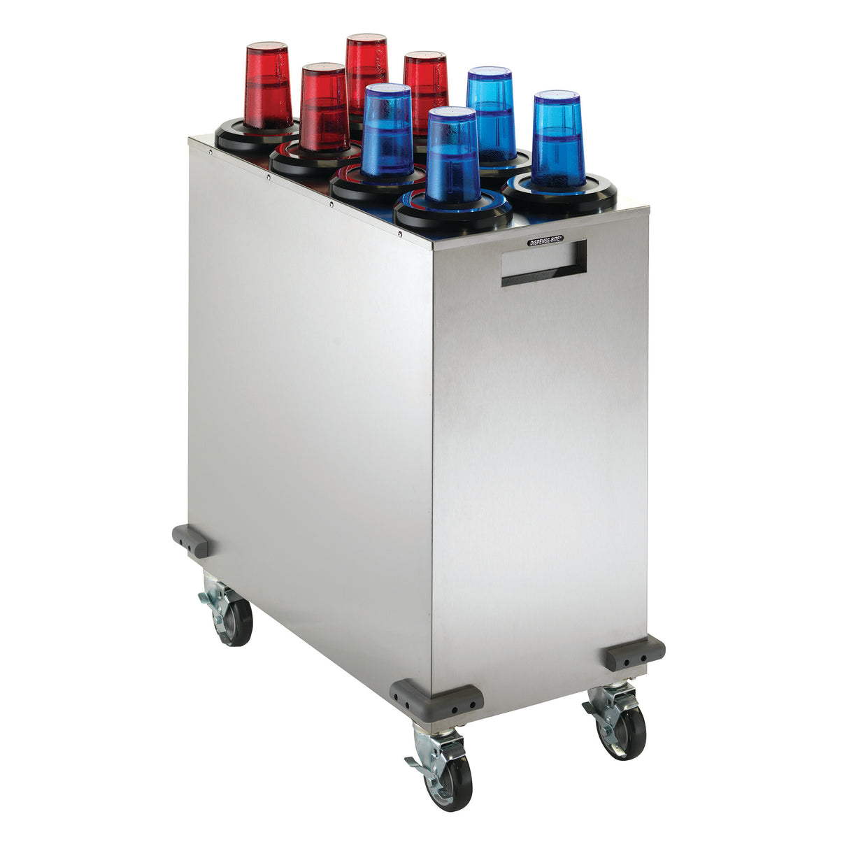 A stainless steel Mobile Cup Dispensing Cart on wheels holds six plastic tumblers—three red and three blue—upside down on top. With side handles, this cart is ideal for storing or transporting drinkware in food service settings.