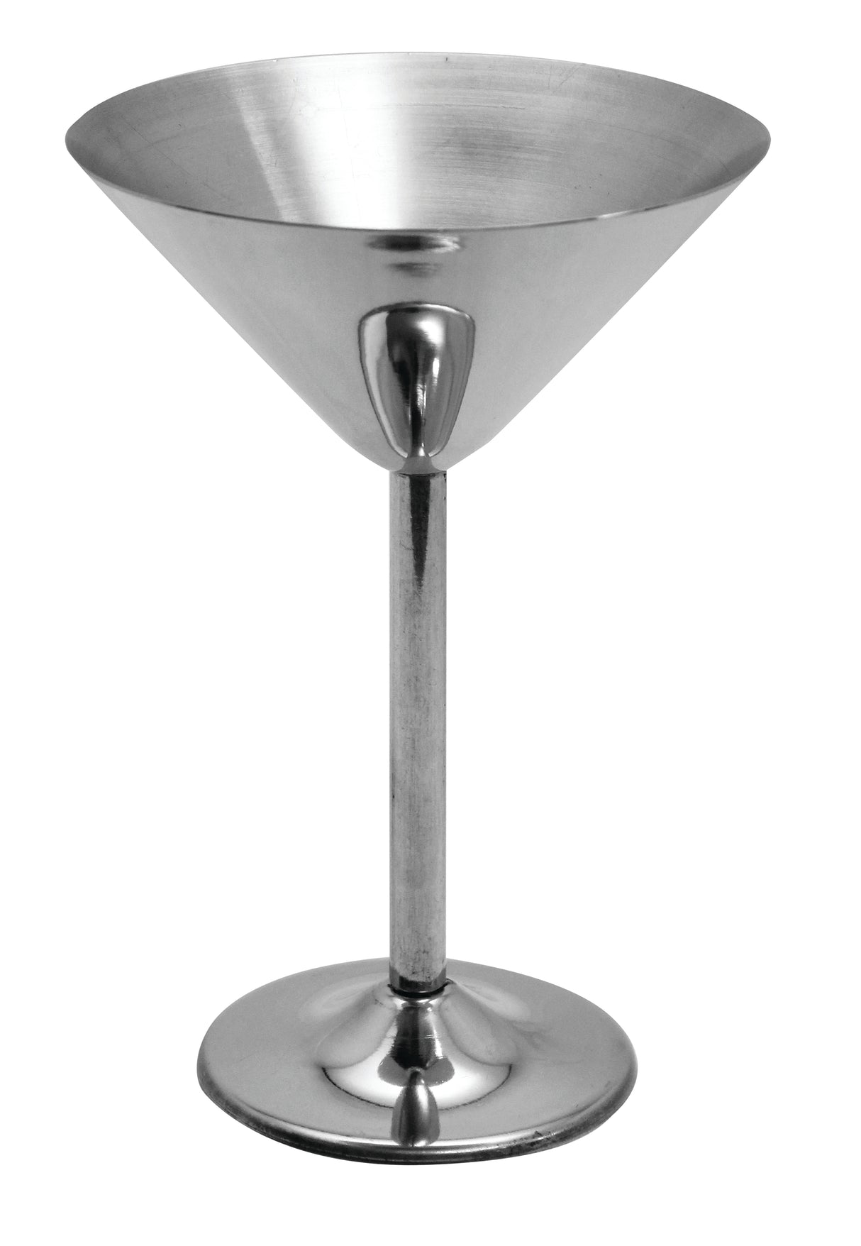 A 10 oz. stainless steel martini cup with a wide, conical bowl, slender cylindrical stem, and round flat base sits against a plain white background. Its smooth, reflective surface gives the glass a modern, minimalist look.