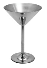A 10 oz. stainless steel martini cup with a wide, conical bowl, slender cylindrical stem, and round flat base sits against a plain white background. Its smooth, reflective surface gives the glass a modern, minimalist look.