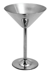 A 10 oz. stainless steel martini cup with a wide, conical bowl, slender cylindrical stem, and round flat base sits against a plain white background. Its smooth, reflective surface gives the glass a modern, minimalist look.