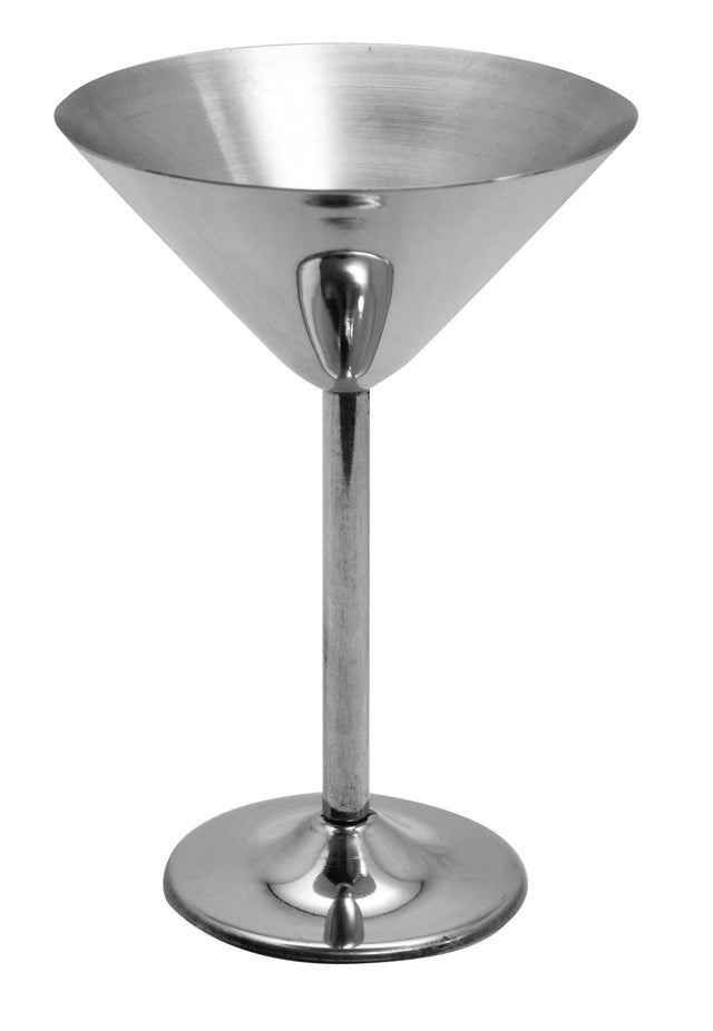 A 10 oz. stainless steel martini cup with a wide, conical bowl, slender cylindrical stem, and round flat base sits against a plain white background. Its smooth, reflective surface gives the glass a modern, minimalist look.