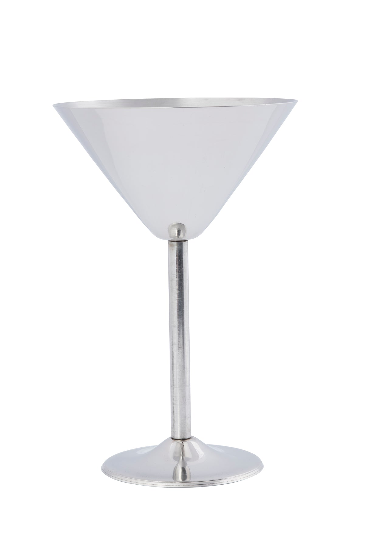 A stainless steel martini cup with a wide V-shaped bowl, straight cylindrical stem, and flat round base. This simple, modern glass features a smooth, reflective surface and is dishwasher safe. Photographed on a white background.