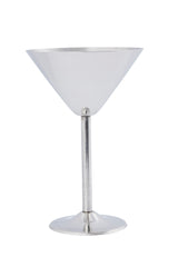 A stainless steel martini cup with a wide V-shaped bowl, straight cylindrical stem, and flat round base. This simple, modern glass features a smooth, reflective surface and is dishwasher safe. Photographed on a white background.