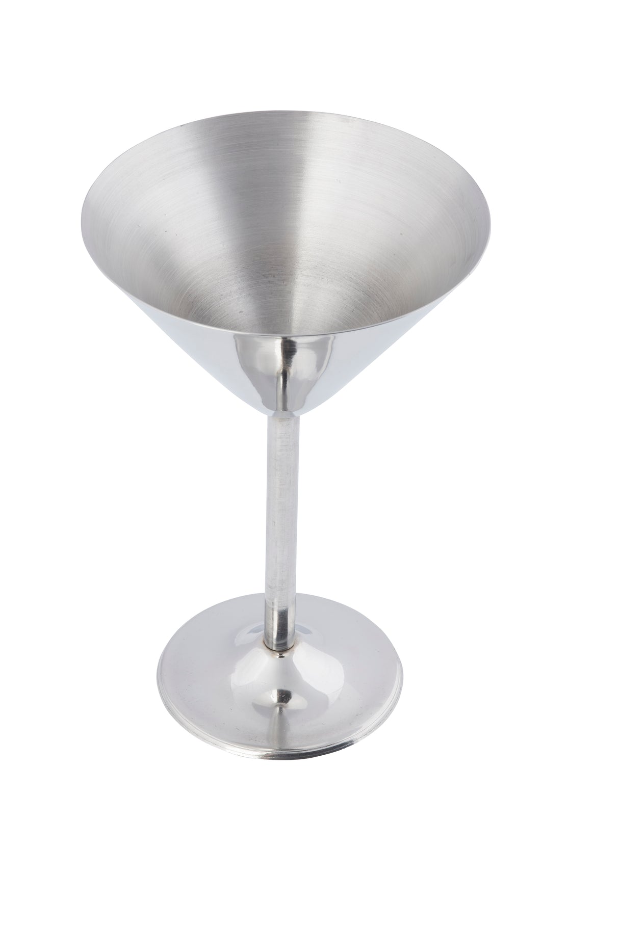 A stainless steel martini cup with a wide, conical bowl, slender stem, and flat base is photographed on a white background. Its shiny surface gives a modern look, and it's dishwasher safe for easy cleaning.