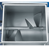 A top-down view of a stainless steel Meat Mixer floor model with a square tank and internal horizontal shaft. Three angled metal paddles attached to the shaft mix contents evenly. Clean, shiny surfaces indicate unused or sanitized equipment.