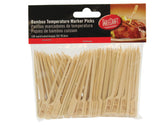 A clear plastic bag of 100 bamboo meat marker picks labeled “MED WELL,” packaged under the TableCraft brand. Designed for indicating medium well meat doneness, the pointed picks show their flat labeled tops through the bag.