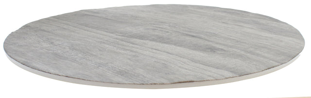 A round, flat, gray stone slab with subtle, natural-looking striations and a smooth texture sits on a white background. Its thin profile and slightly uneven edges evoke the handcrafted charm of a serving tray.