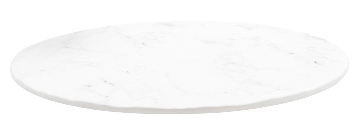 A round, flat white marble serving tray with subtle gray veining is shown against a plain white background. The smooth surface and slightly beveled edges give it a clean and polished appearance.
