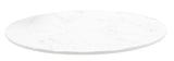 A round, flat white marble serving tray with subtle gray veining is shown against a plain white background. The smooth surface and slightly beveled edges give it a clean and polished appearance.