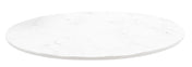 A round, flat white marble serving tray with subtle gray veining is shown against a plain white background. The smooth surface and slightly beveled edges give it a clean and polished appearance.
