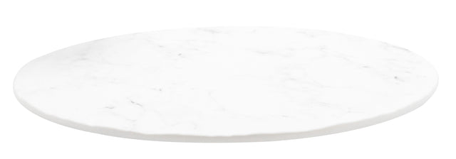 A round, flat white marble serving tray with subtle gray veining is shown against a plain white background. The smooth surface and slightly beveled edges give it a clean and polished appearance.